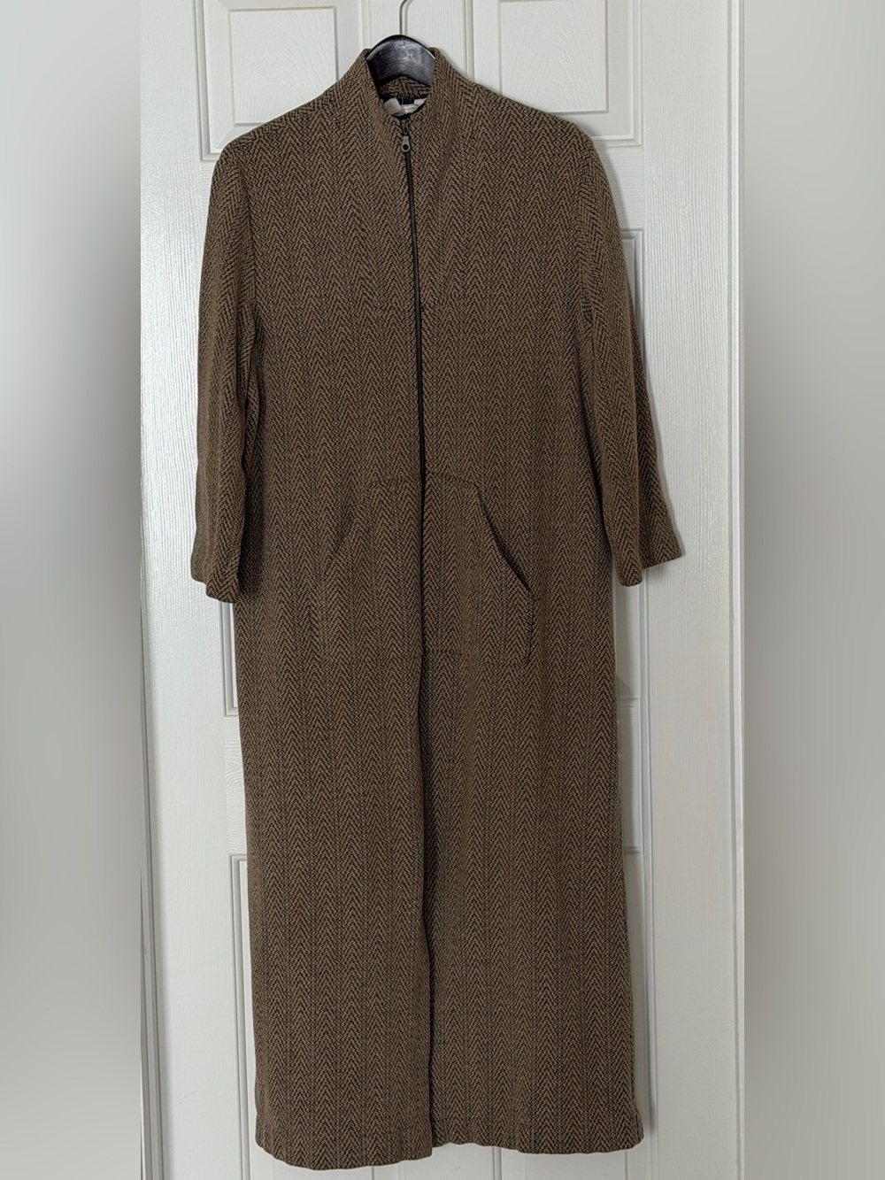 Diamond Tea XL Brown Herringbone Full Zip Long Duster Maxi Coat - Picture 3 of 10